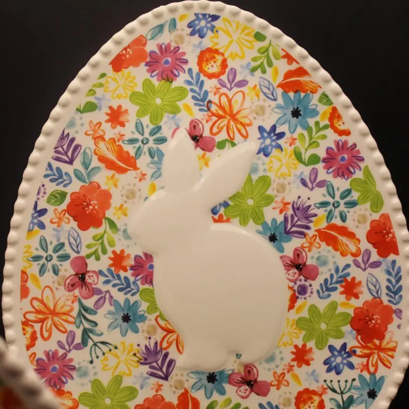 Pier I Easter Bunny  Plates Embossed White Bunny with Beautiful Floral Design