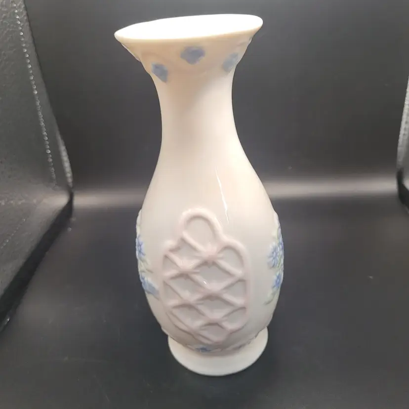 White Ceramic Flower Vase W/Raised Accents Blue/Pink 7 in Tall