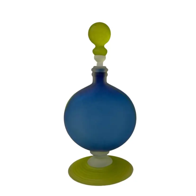 Art Glass Perfume Bottle Studio Paran Large 8”  Satin Glass Cobalt Blue/Lime Green Footed Signed Rare