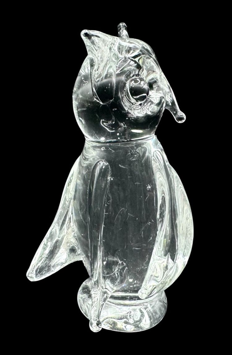 Signed Marked Stamped Clear Art Glass Owl Bird Figurine 2.5”