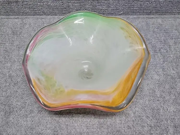 Murano Crystal Clear Art Glass Glassware 9 1/2"Scalloped Bowl Dish Italy Pastel