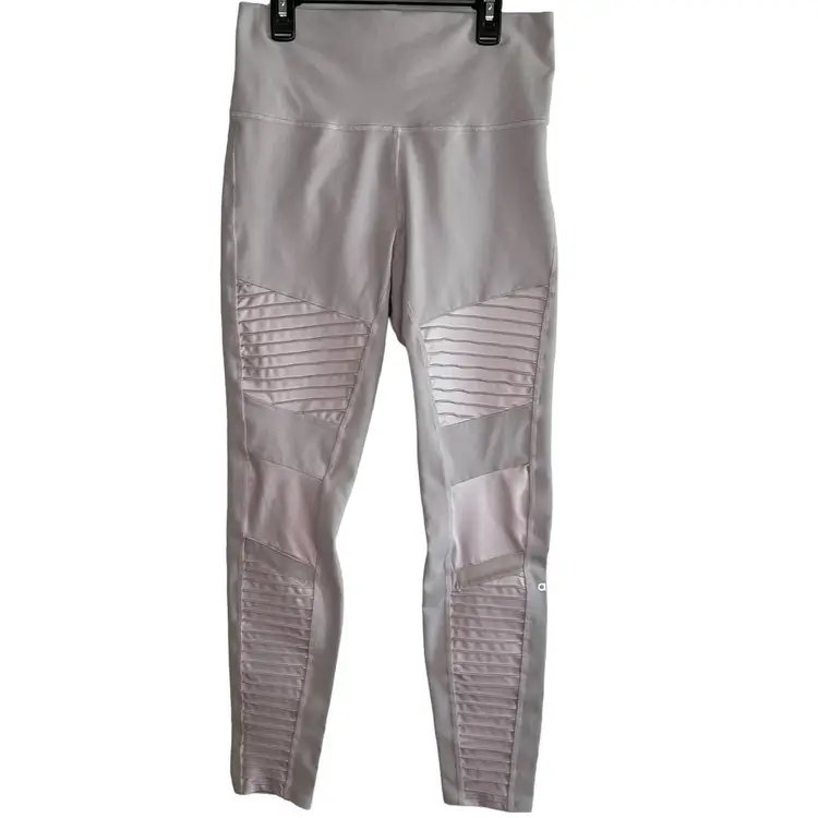 Alo Womens Size Large Moto Yoga Leggings Pants Light Gray High Waist Mesh