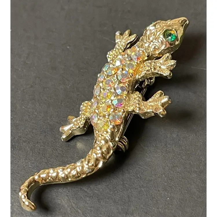 VINTAGE LIZARD BROOCH Aurora Borealis AB Rhinestone Salamander Animal Gold Tone
