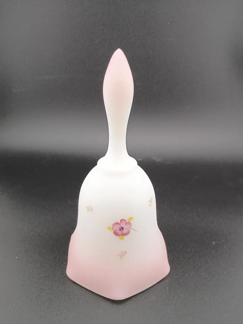 Handpainted Fenton pink and white satin bell, signed