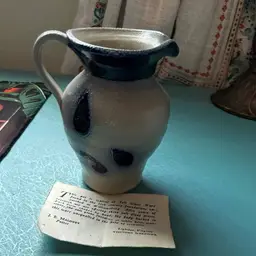 Vintage J. E. Maloney Williamsburg Pottery 4.5" Cobalt Blue Leaf Salt Glaze Pitcher w/ Original Note