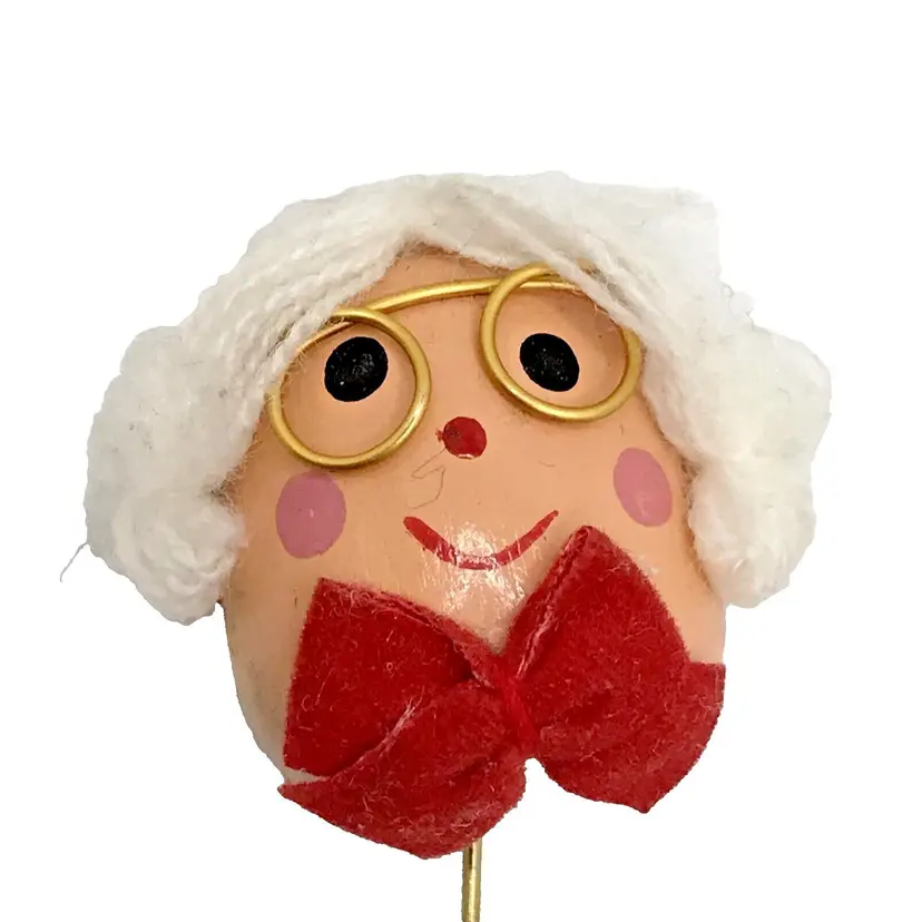 Vintage Mrs. Claus Grandma Old Lady with Glasses Straight Pin 2.75" Wood & Yarn