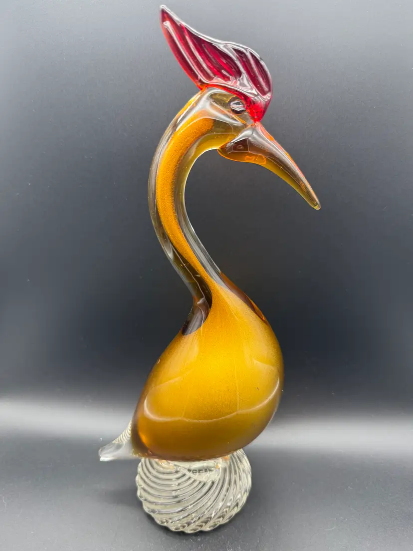 Hand Blown Art Glass Water Bird Heron Crane Gold and Red Plume Swirl Base