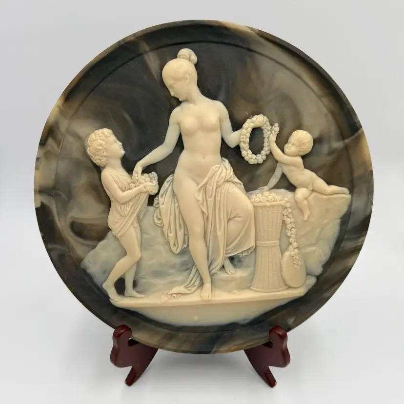 Vintage Thorvaldsen Childhood Spring Incolay Stone Cameo Relief Plaque 11” Decorative Plate