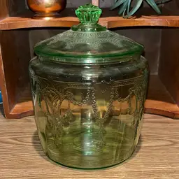 Green Depression Vaseline Glass Biscuit Jar