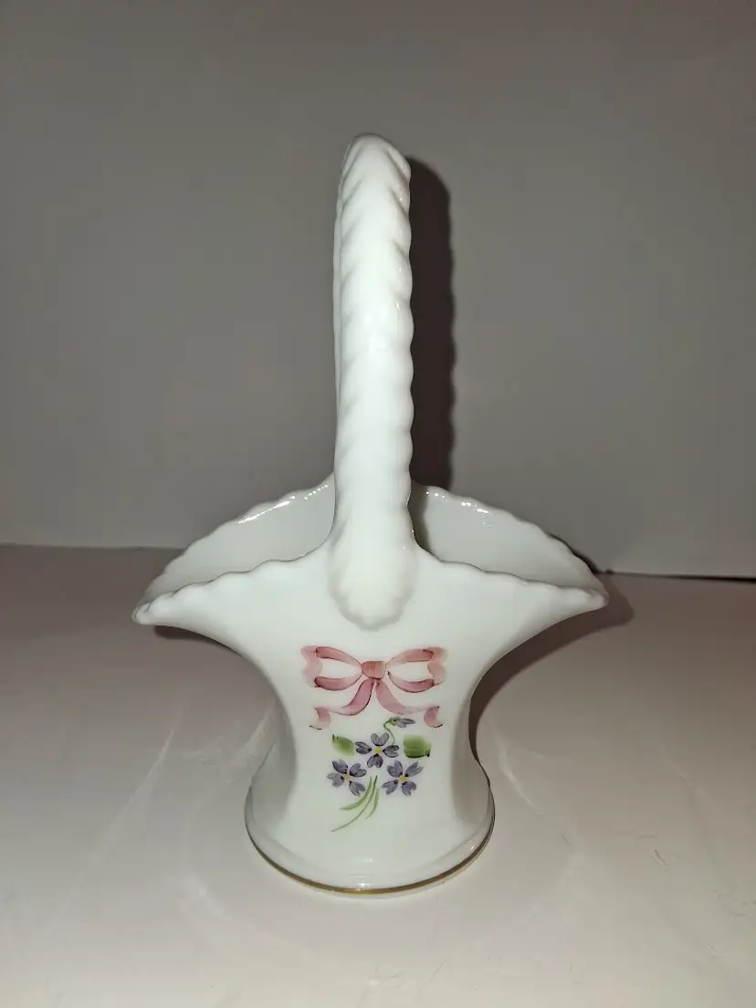 Vintage 1983 Westmoreland Milk Glass Basket w/Hand Painted Flowers, Artist signed