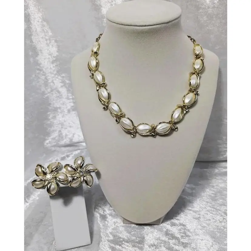 Vintage 1960's Faux Pearl and Gold Tone Necklace and Clip-On Earrings Set - Unsigned