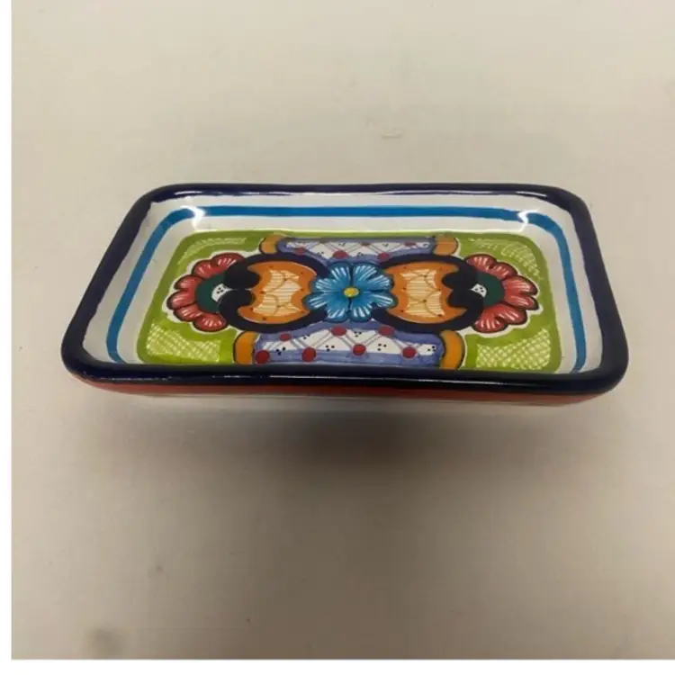 Puebla Mexico Talavera Ceramic Pottery Rectangular Signed Trinket Tray Dish