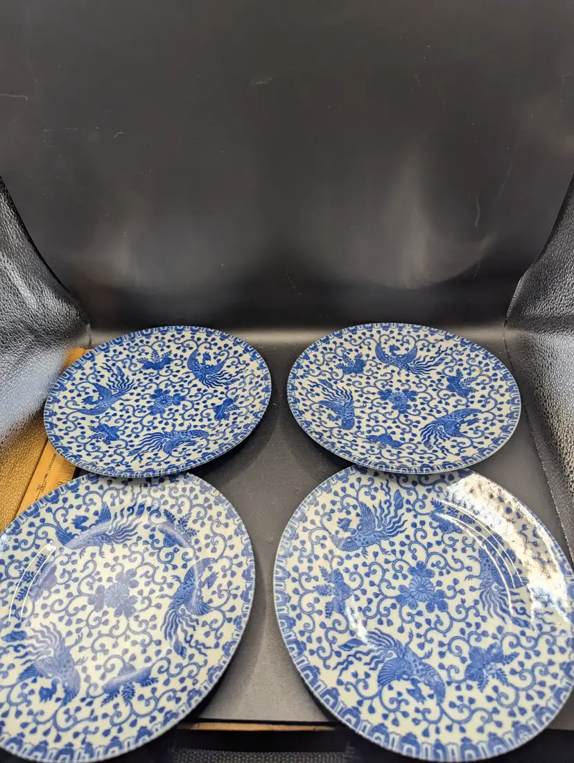 Set Of 4 Blue and White Phoenixware 7.25" Luncheon/Salad/Dessert Plates with "T" Maker's Mark