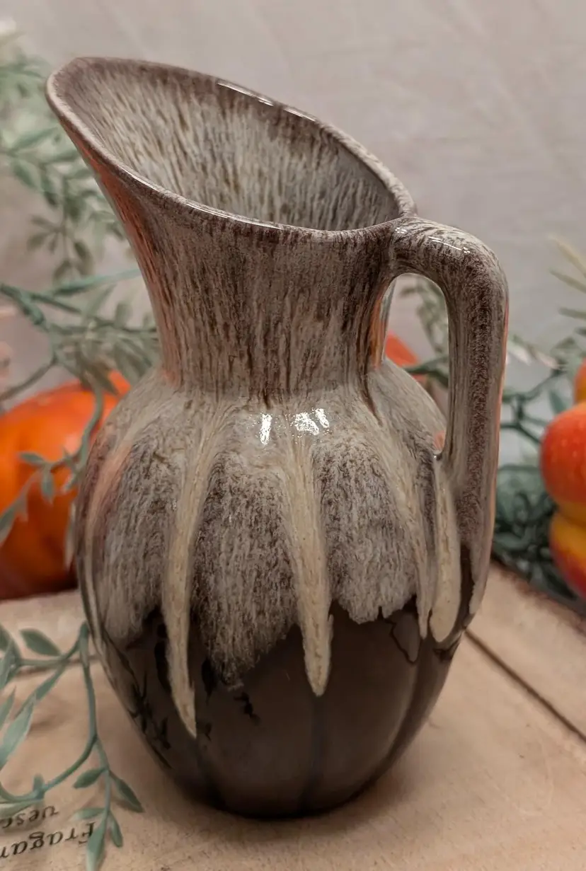 Evangeline Ware Canada Pottery Brown Redware Cream Drip Glaze Melon Pitcher Jug 6"