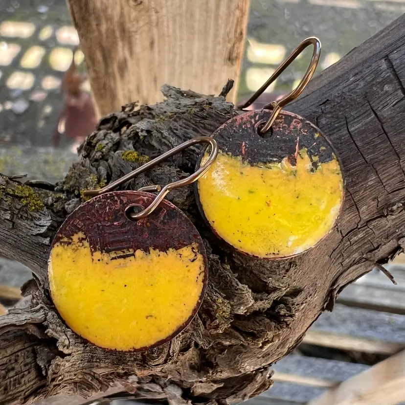 Handmade Lemon Yellow Enameled Penny Organic Copper Earrings
