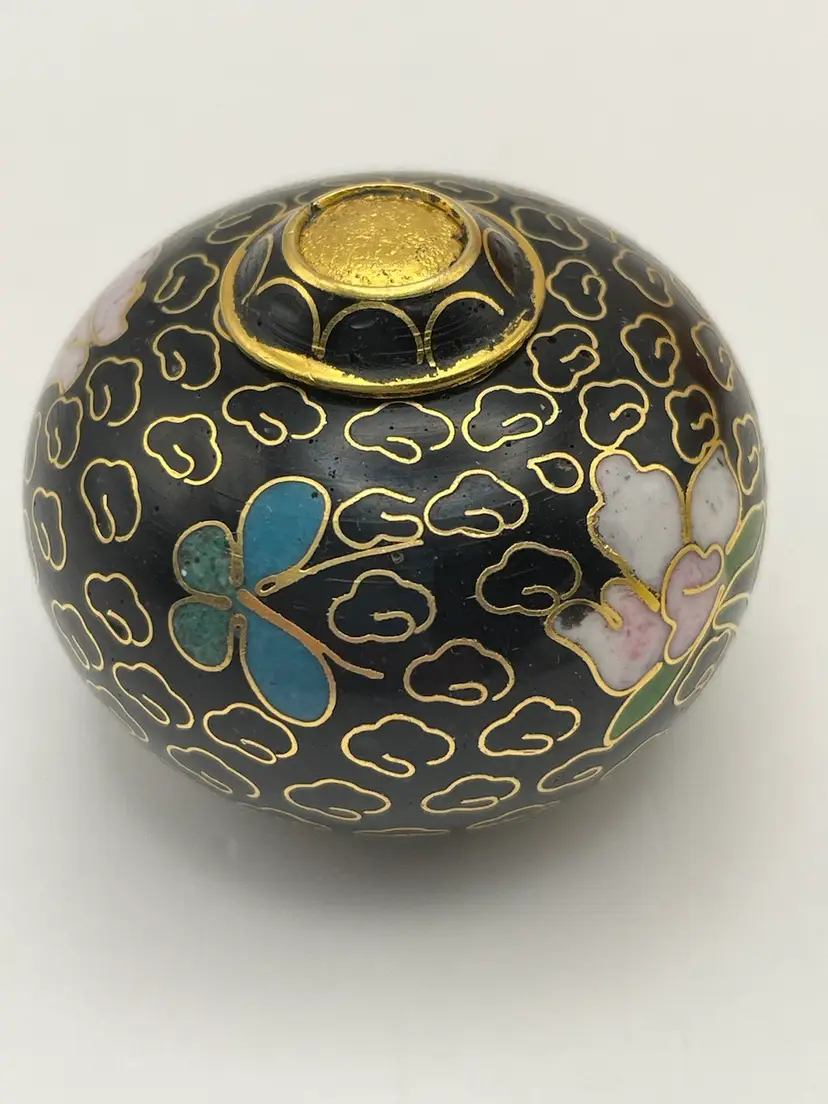 Miniature, Metal, Multicolored Cloisonné Vessel with Lid, Floral/Leaves/Butterfly, 1.25”. Beautiful Condition!