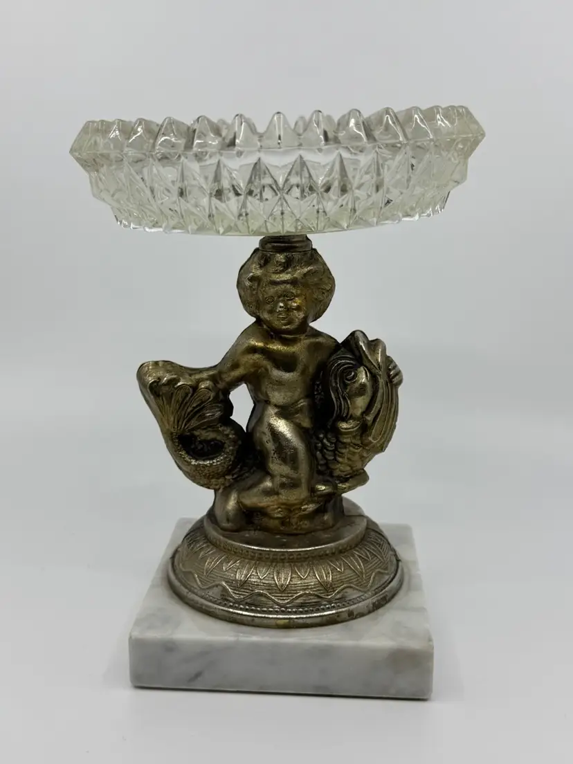 Vintage Brass, Marble & Glass Cherub Riding Koi Fish Soap/candy/catch All Dish