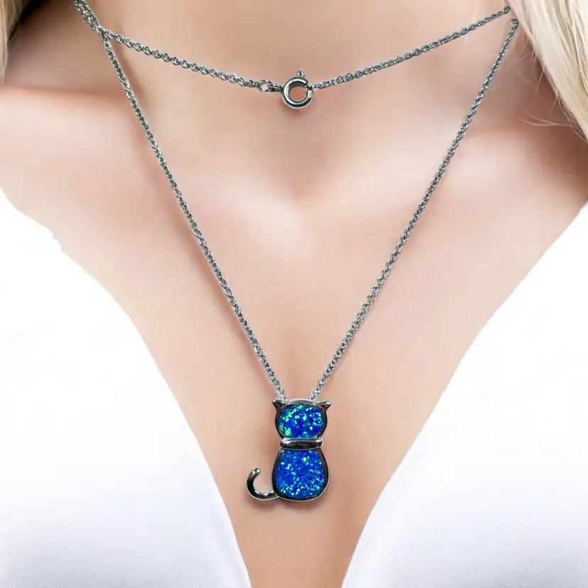 Sterling Silver 925 Rhodium Plated Lab Blue Inlay Opal Sitting Cat 18" Necklace