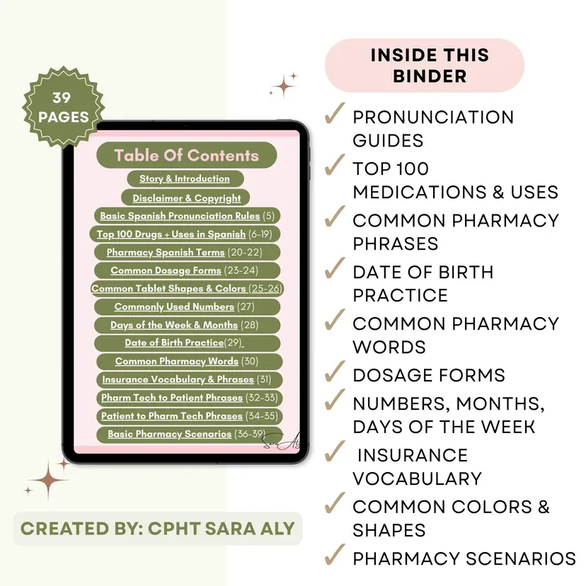 Basic Spanish for Pharmacy Technicians | Retail Pharmacy | Spanish Communication Guide for Beginners (Digital Download)