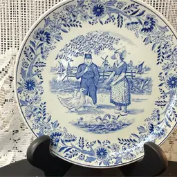 Vintage Delfts Royal Sphinx Maastricht Blue & White Decorative 8.5” Plate with Dutch Farm Couple Feeding Ducks