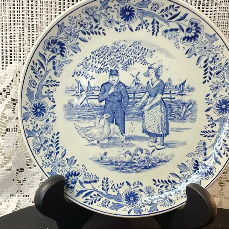 Vintage Delfts Royal Sphinx Maastricht Blue & White Decorative 8.5” Plate with Dutch Farm Couple Feeding Ducks