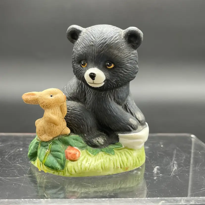 Homco Miniature Black Bear Rabbit Ceramic Figurine #1418 VTG Woodland Animals