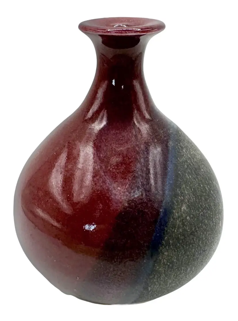 Signed Studio Art Pottery Ceramic Bud Vase Red Blue Charcoal Gray Abstract 4.5”