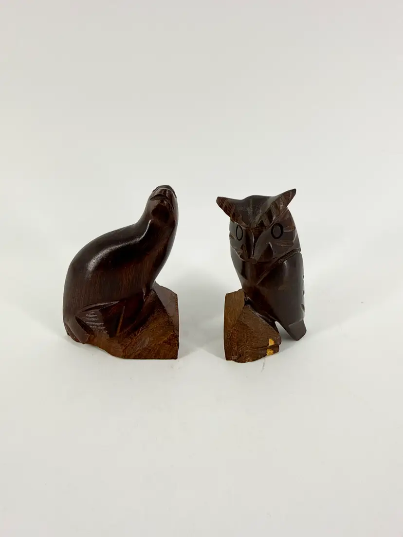 Pair 3" Carved Wooden Animal Figurines Horned Owl & Seal