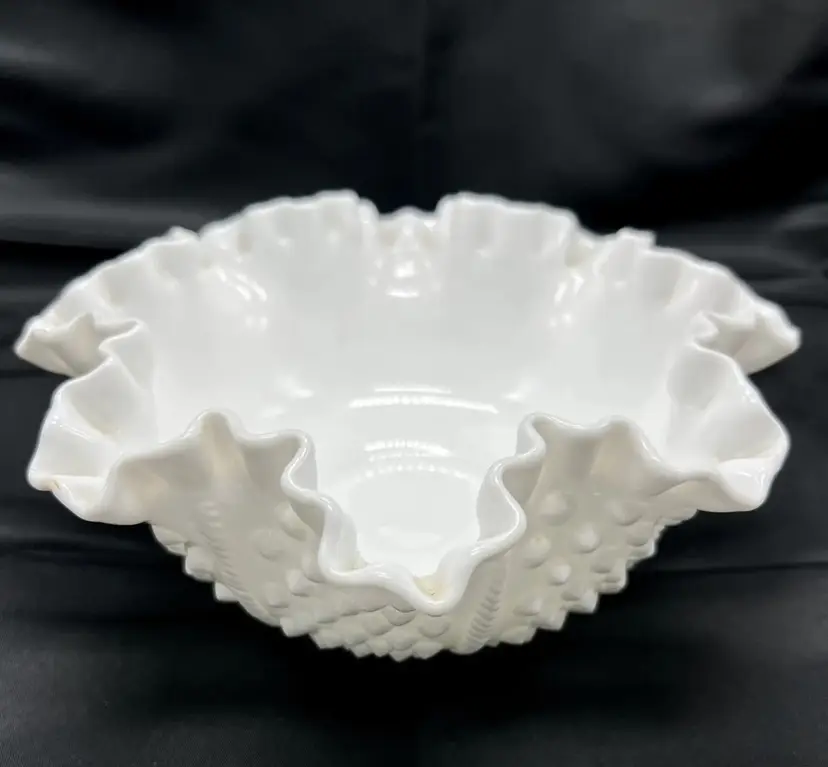 Vintage Fenton Hobnail and Rope-Milk Glass Ruffled Edge 8" Bowl