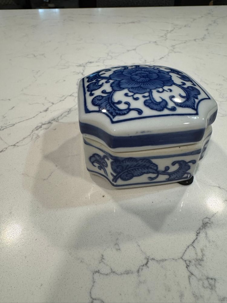 Vintage Blue And White Porcelain Hexagonal Trinket Dish