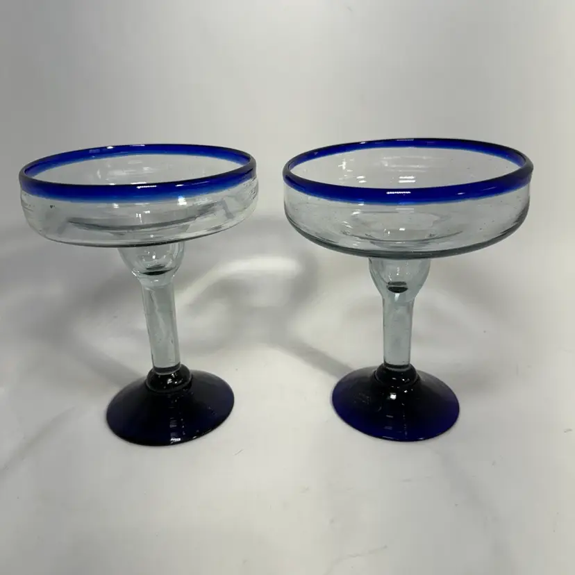 Margarita Glasses Cobalt Blue Rim Mexican Hand Blown Thick Glass Set of 2