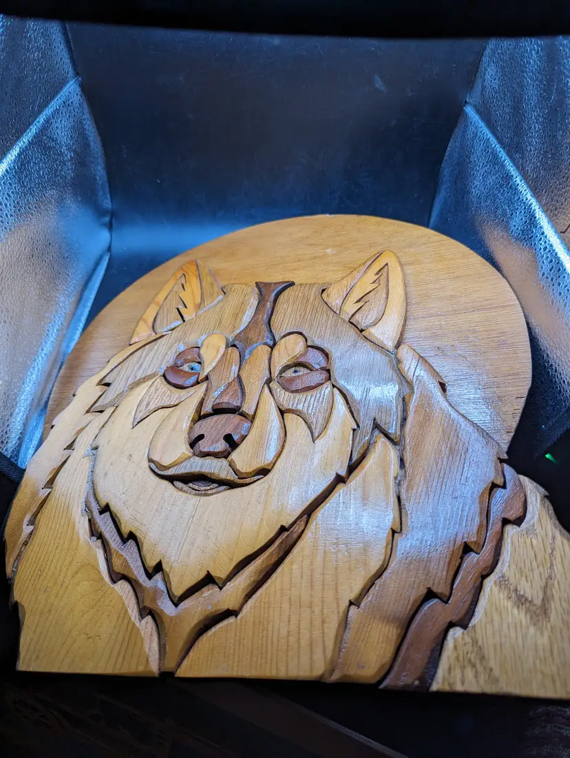 Vintage Wolf Intarsia Wood 3D Art Inlay Wolf Head