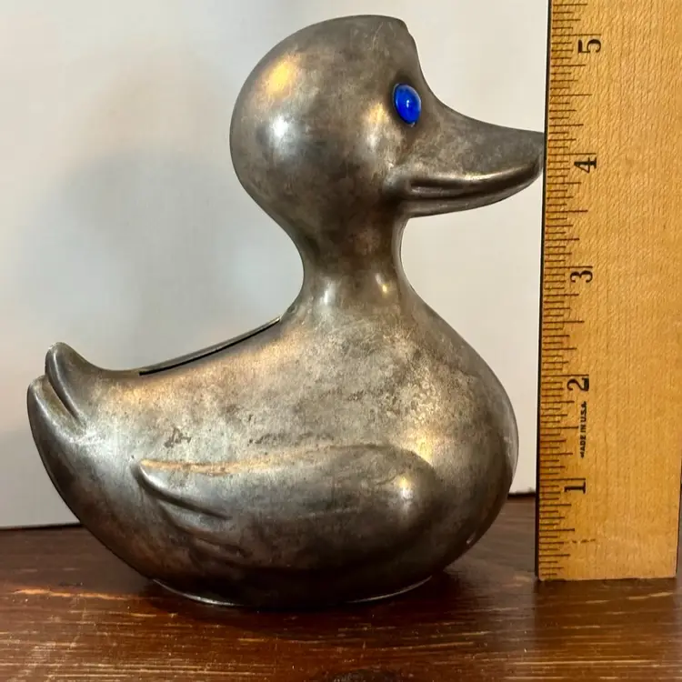 Vintage Silver Plate Marked Duck Coin Bank with Blue Glass Eyes Made in Denmark 5”