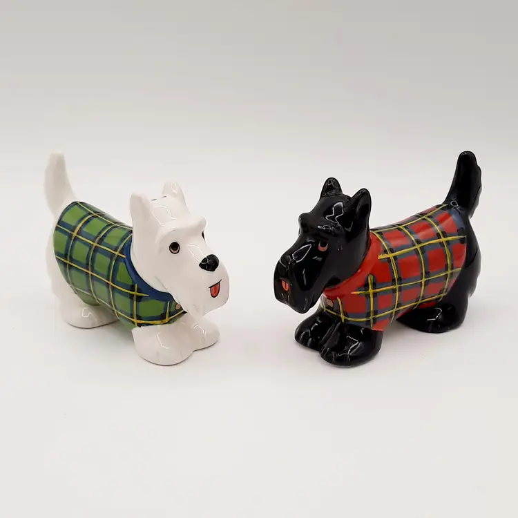 Scottie Westie Terrier Dogs Plaid Salt and Pepper Shakers by Clay Art