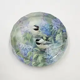 Faceted Crystal Glass & Chickadee Birds Paperweight