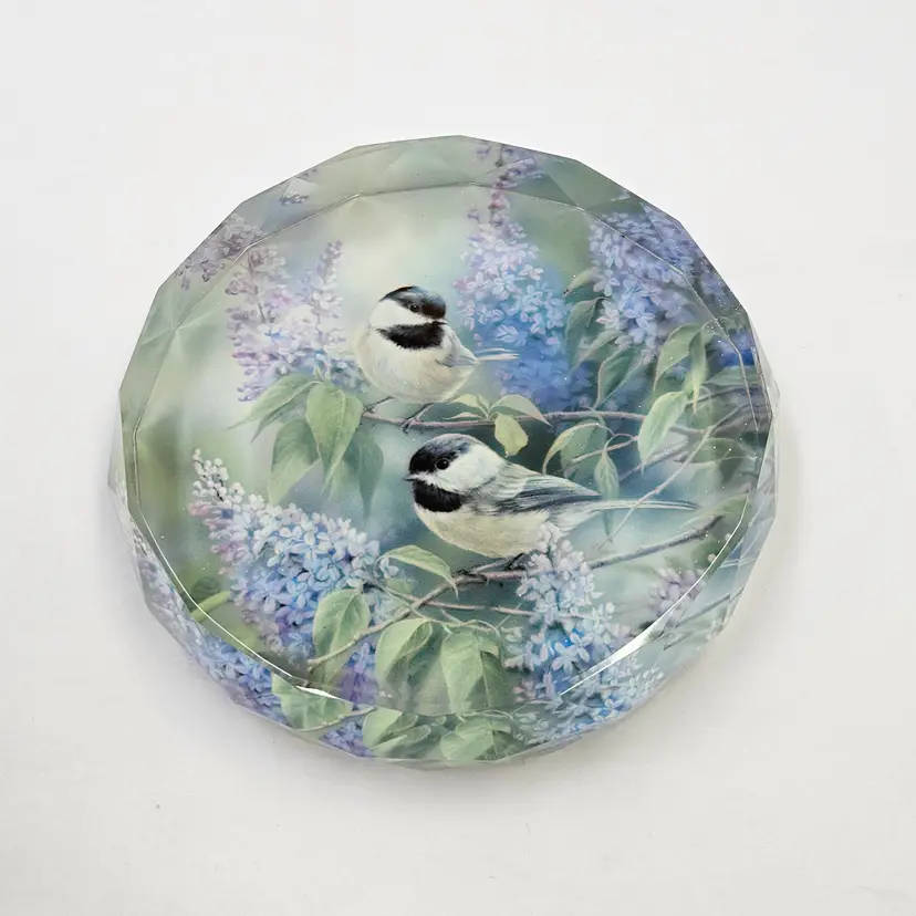 Faceted Crystal Glass & Chickadee Birds Paperweight