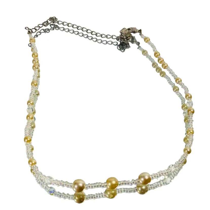 Vintage 1928 Costume Jewelry Necklace Gold Tone Metal And Faux Pearl Beads 