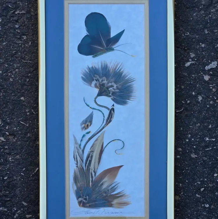 Feather Art Butterfly Flower Plant Assembled In 3D Laurel Krause Signed & Framed