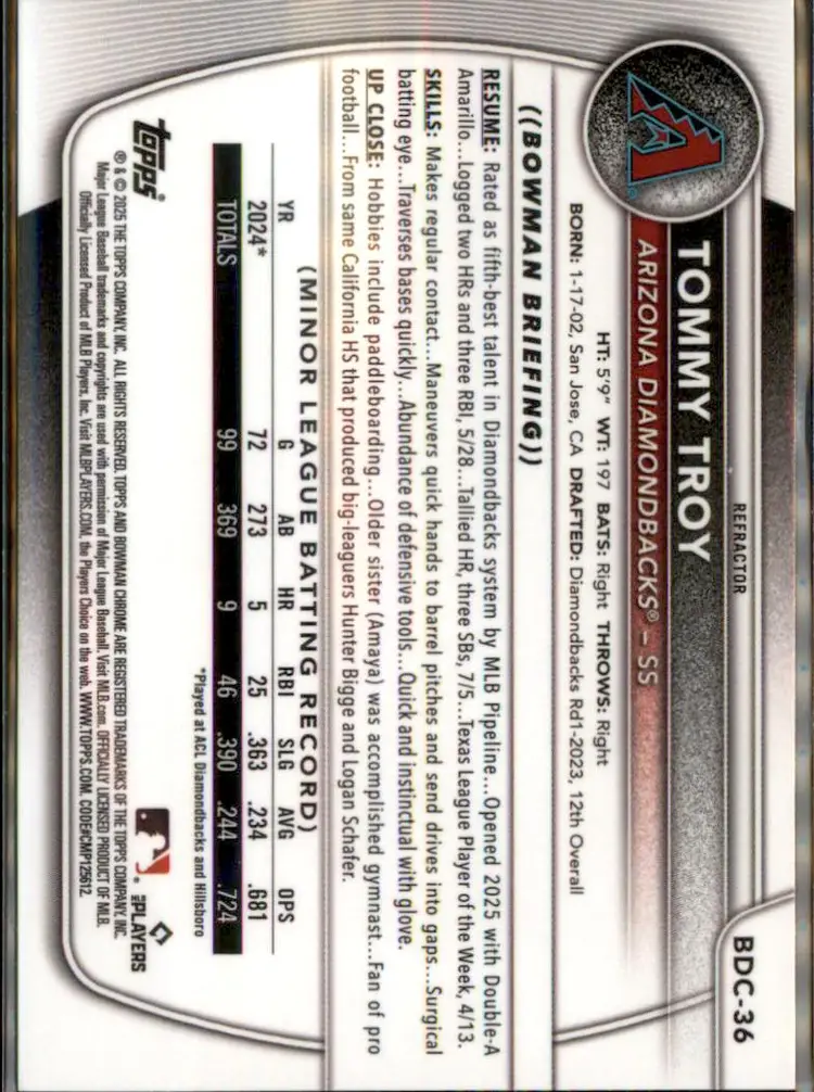 2025 Bowman Draft #BDC-36 Tommy Troy Chrome Refractor - (138) - Arizona Diamondbacks