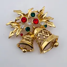 Vintage Avon Christmas Bells Goldtone Red And Green Rhinestone Brooch