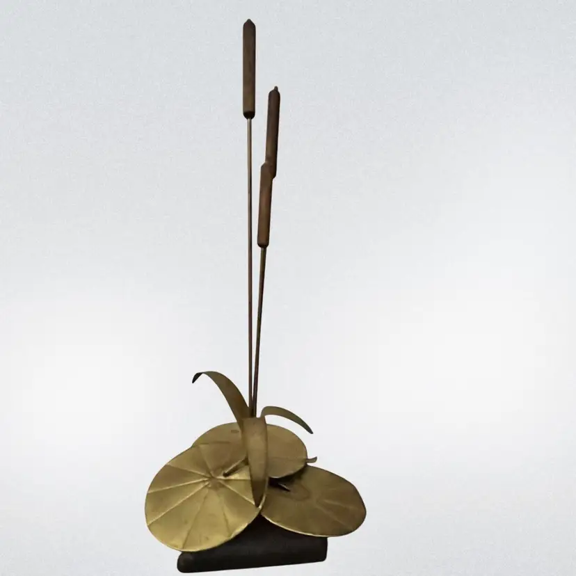 Mid-Century Modern Brass Cattail & Lily Pad Sculpture