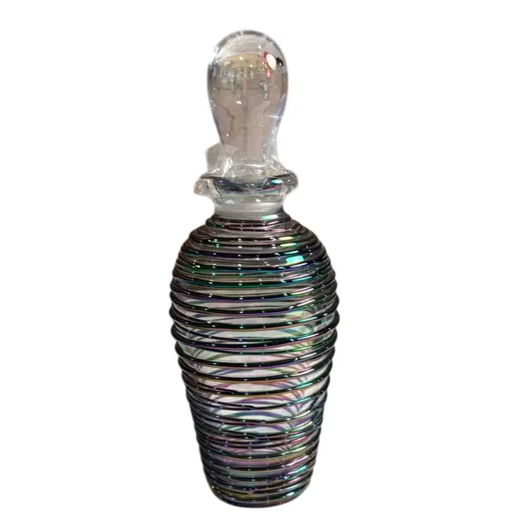 Iridescent Threaded German Made Heavy Glass Perfume Bottle - 6” Tall With Stopper