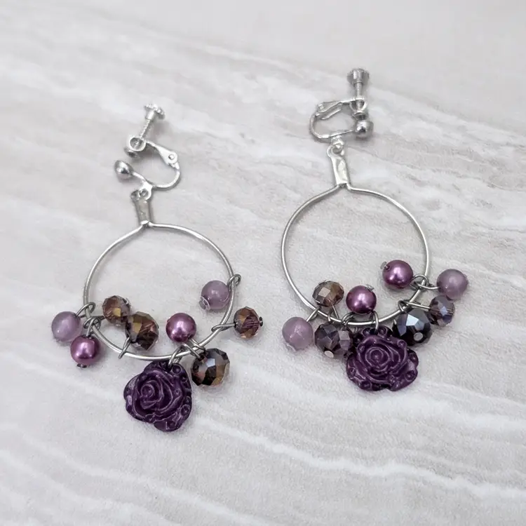 Vintage Clip On Earrings - 2 & 3/8" Silver Tone & Purple Long Dangle Statement