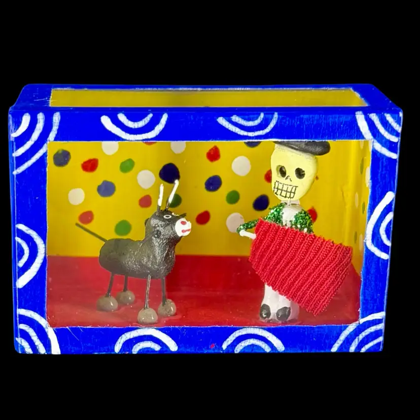 Handmade Mexican Day of the Dead Miniature Shadow Box Nicho Diorama - Bullfighter Scene 2” T x 3.25” L x 1.5” W