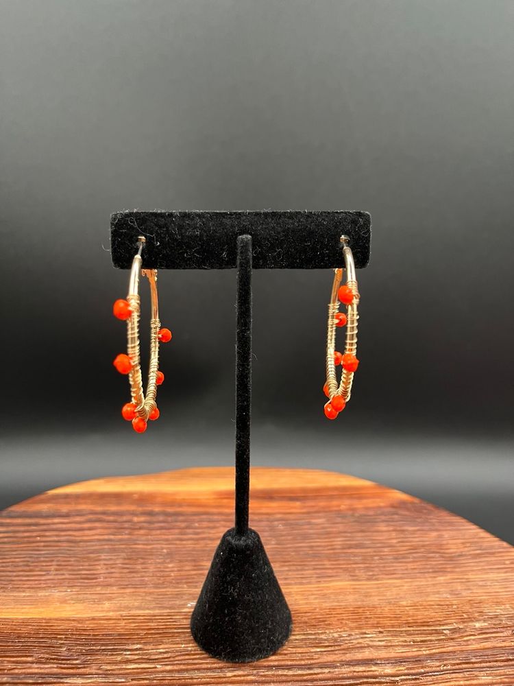 Contemporary Gold Hoop Pierced Earrings With Orange Beads And Wire Wrapping 1.75”