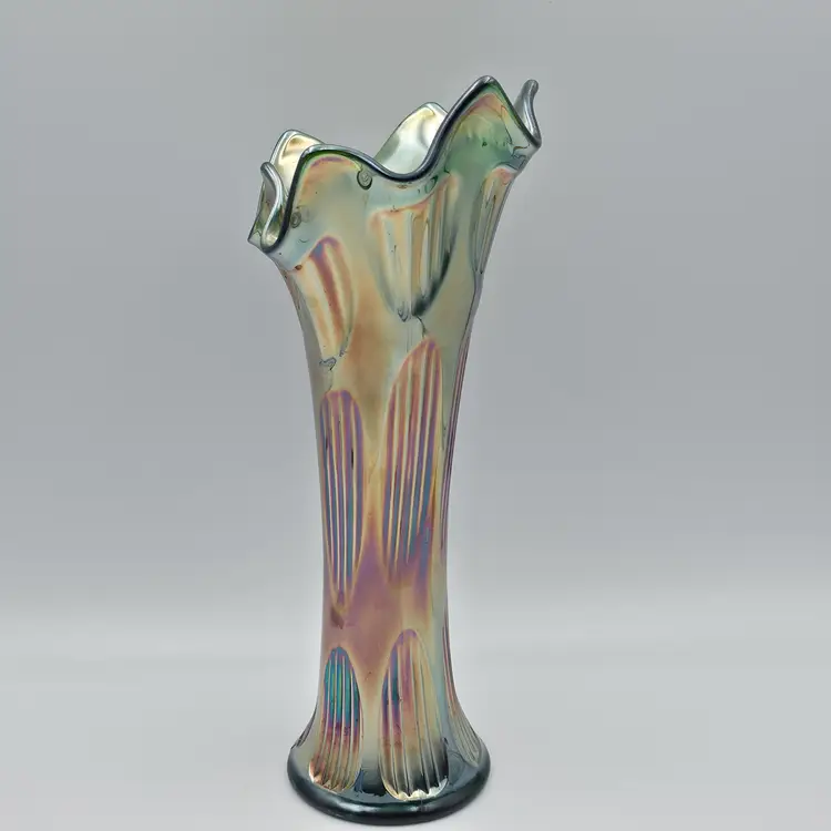 Antique Fenton Diamond & Rib Carnival Green Glass Vase