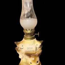 Vintage Japan Chalkware Deer Crossing Oil Lamp