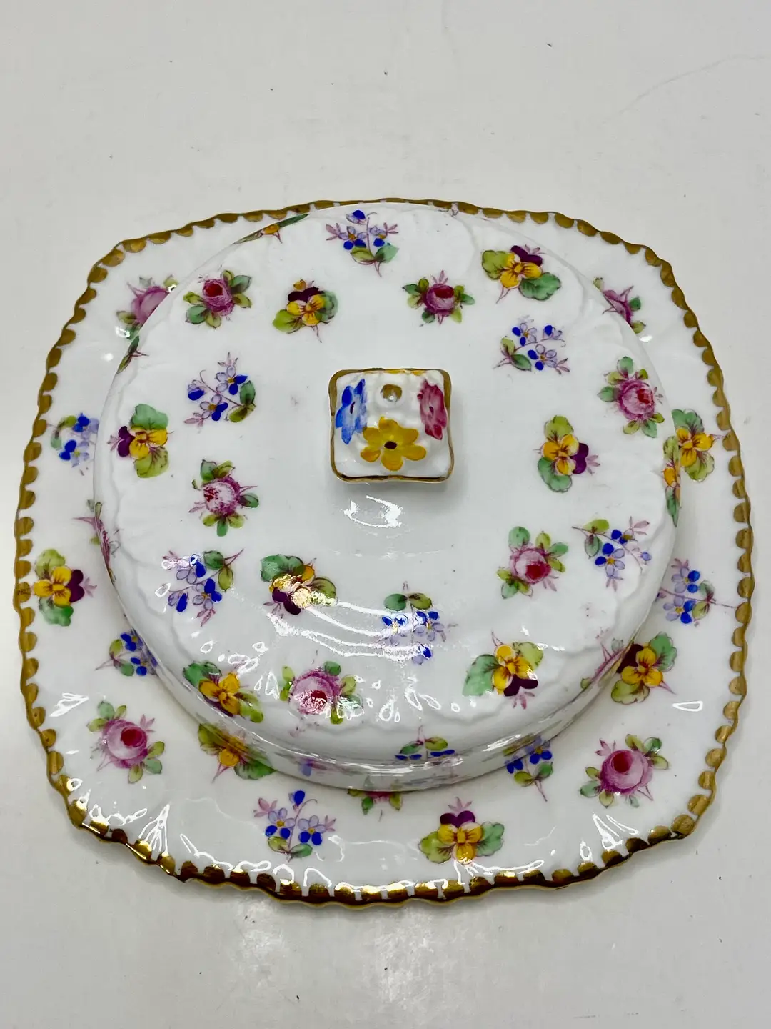 ✅ Vintage Royal Stafford Covered Butter Dish "Rose Pansy Forget Me Not" Pattern