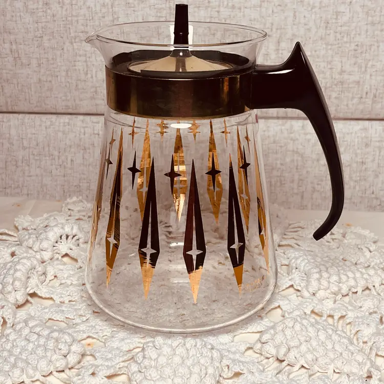 Vintage Pyrex Atomic Coffee Carafe | Gold & Black Starburst Glass Pot | Mid Century Modern Pyrex Server