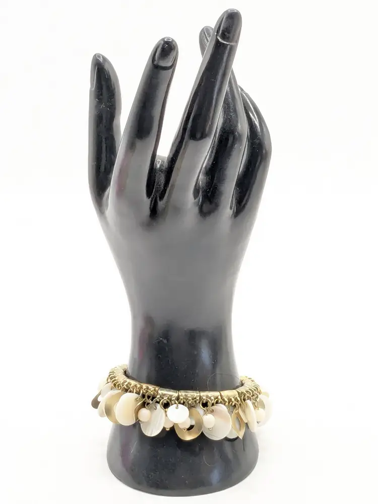 Vintage Gold Tone White Shell Disc Stretch Bracelet